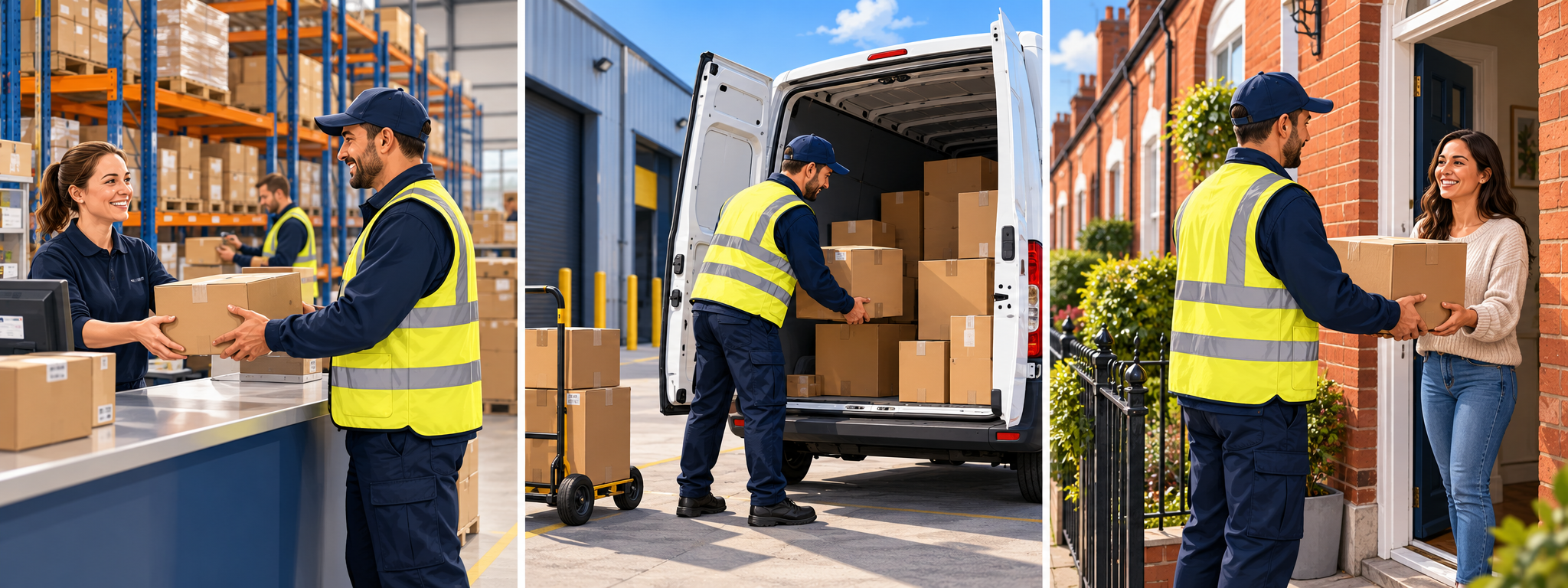 Illustration: a driver collects a parcel at a warehouse counter