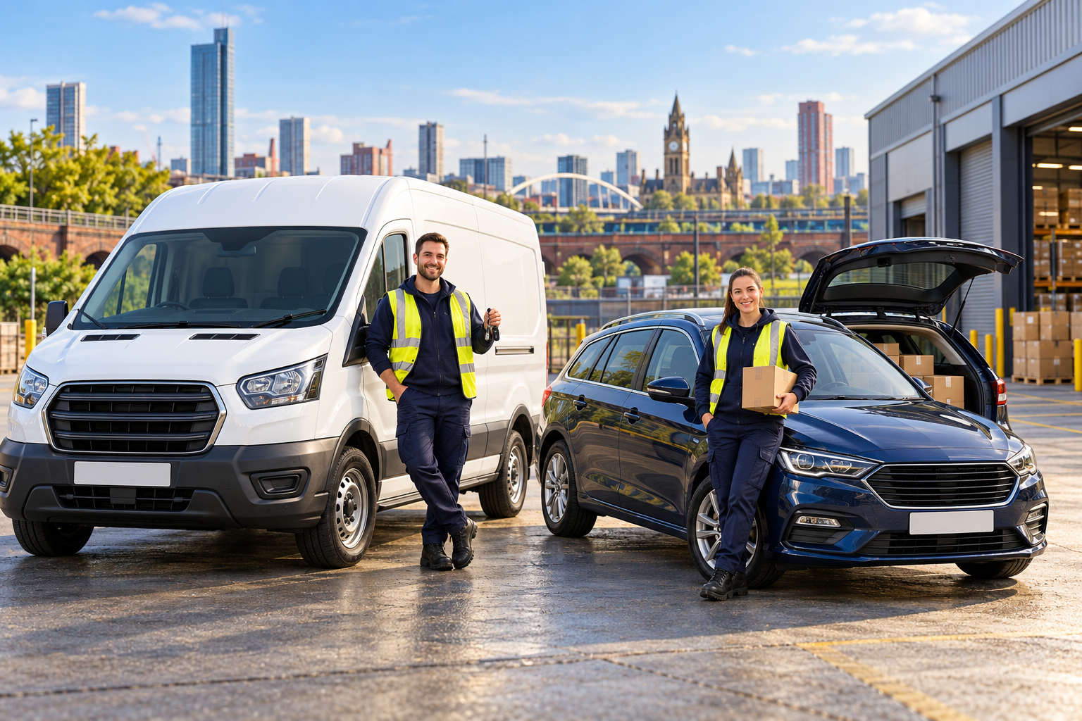 Illustration of two drivers with a white delivery van and a spacious estate car outside a Manchester warehouse